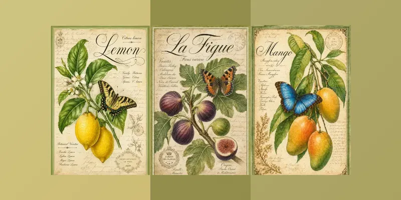 Vintage Botanical Fruit Butterfly Art generated by undefined