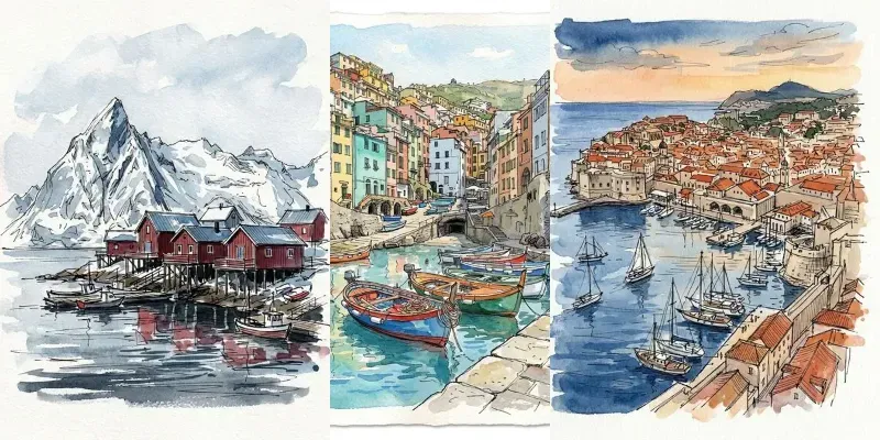 Watercolor Ink Coastal Harbor Sketches