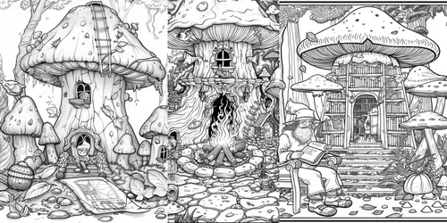 Enchanted Mushroom Village Coloring Books generated by midjourney