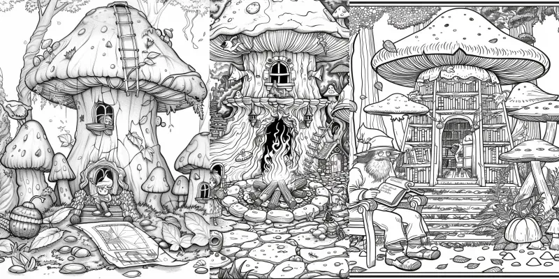 Enchanted Mushroom Village Coloring Books generated by undefined