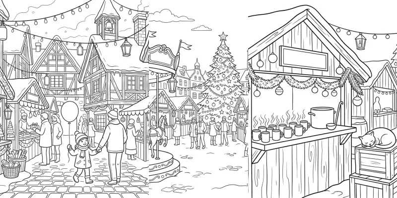 Cozy Christmas Market Coloring Pages generated by undefined