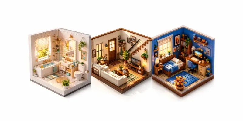 Cute 3D Isometric Open Lego Room Boxes generated by undefined
