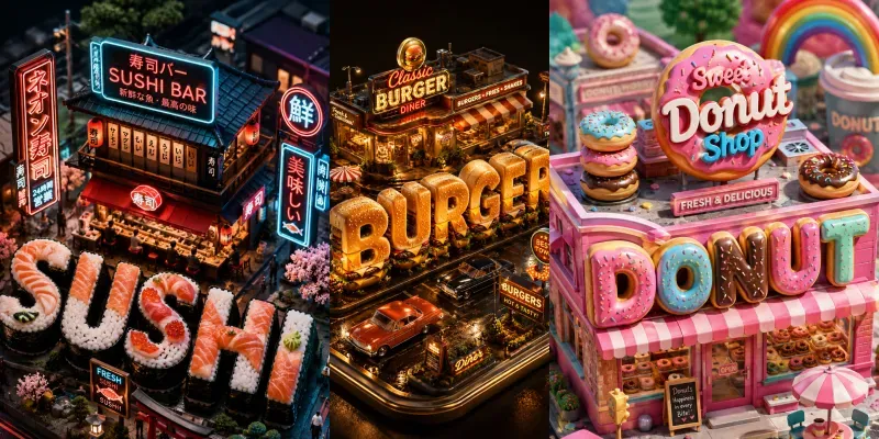 Miniature 3D Food Typography Worlds generated by undefined