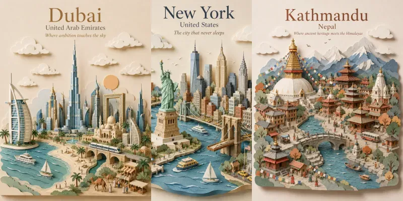 Miniature City Travel Posters 3D Paper generated by undefined