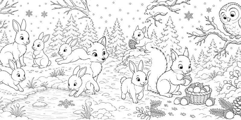 Cozy Winter Woodland Animals Line Art generated by undefined