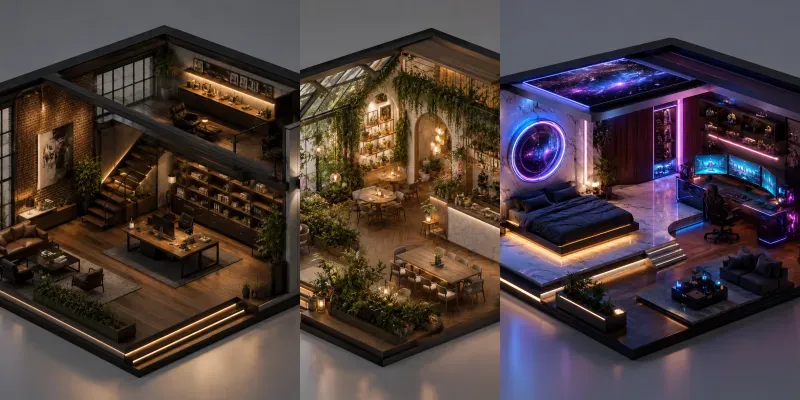 3D Isometric Luxury Room Diorama Renders generated by undefined