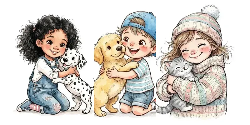 Cartoon Kids And Pets Clipart generated by undefined