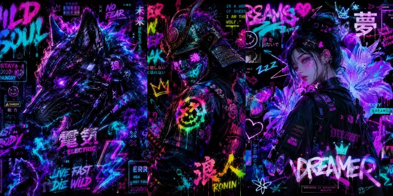 Neon Cyberpunk Sticker Collages generated by undefined
