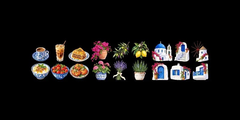 Santorini Watercolor Clipart Collections