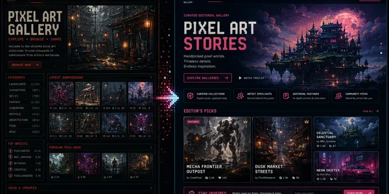 Pixel Art Editorial Gallery Landing Pages generated by undefined