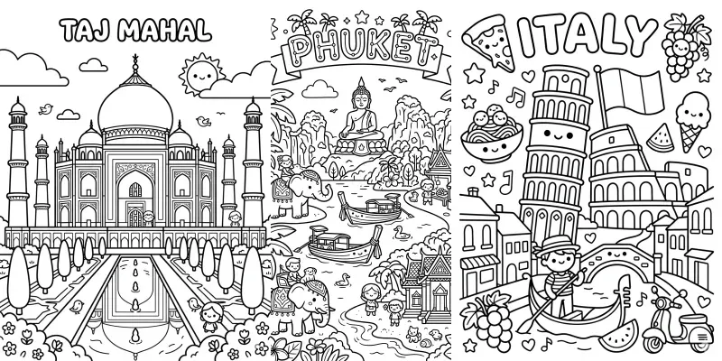 Kawaii Destination Coloring Book Pages generated by undefined