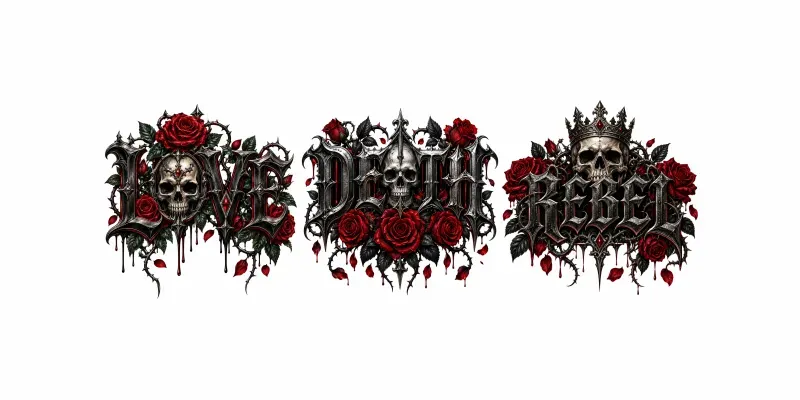 Gothic Skull Rose Words Dark Tattoos generated by undefined