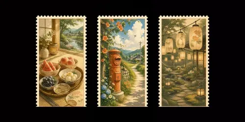 Japanese Countryside Summer Art Stamps generated by chatgpt-image