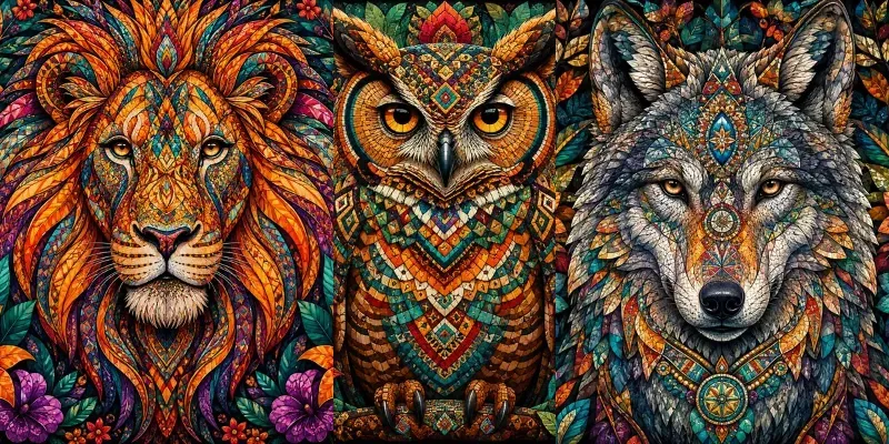 Vibrant Tribal Animal Mosaic Masterpieces generated by undefined