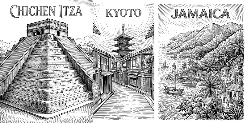 Black White Etched Travel Posters generated by undefined