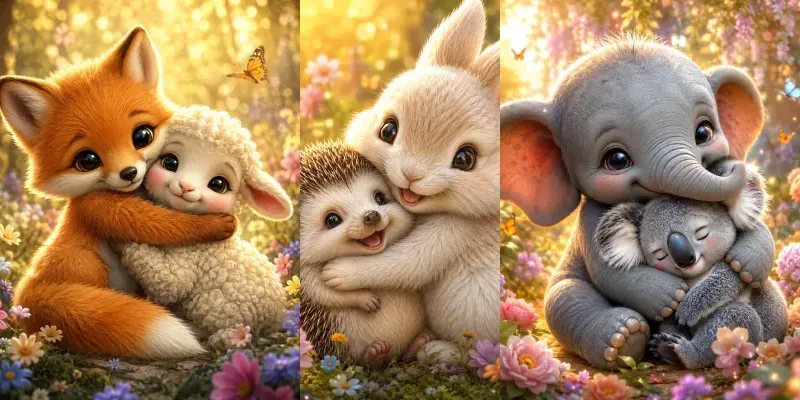 Whimsical Baby Animal Hug Portrait Art generated by undefined