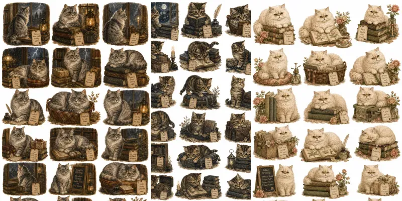 Cozy Cat Bookshop Character Cliparts generated by undefined