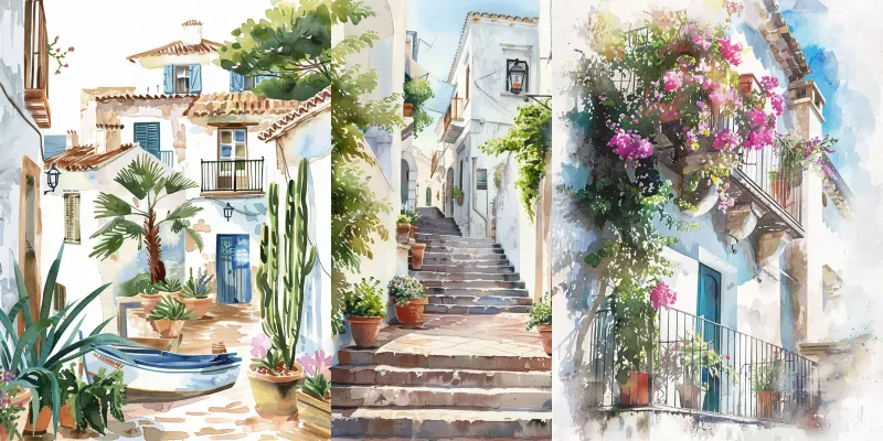 Mediterranean Watercolor Villages generated by undefined