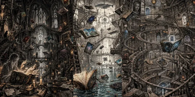 Surreal Living Books Library Ink Art