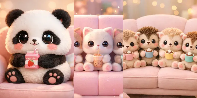 Kawaii Plush Animals With Cute Drinks generated by undefined