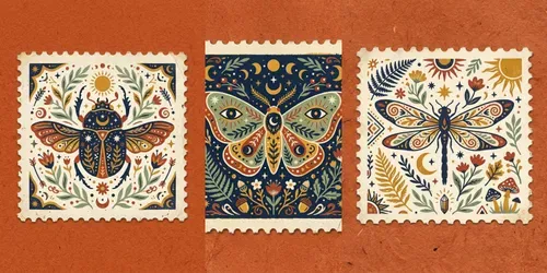 Mystic Nature Folk Art Postage Stamps generated by gemini-image