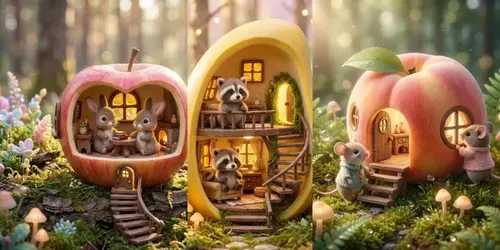 Whimsical Forest Fruit Home Dioramas generated by gemini-image