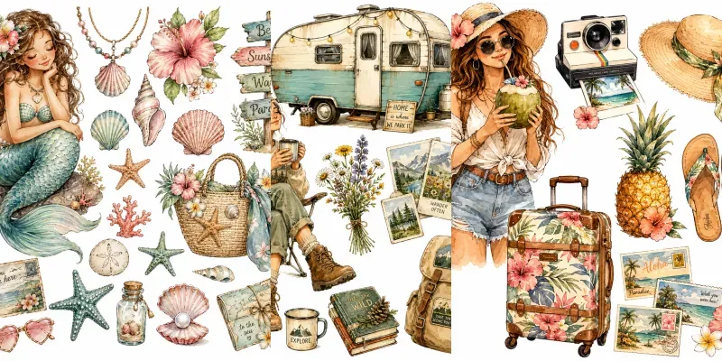 Whimsical Summer Travel Cliparts generated by undefined