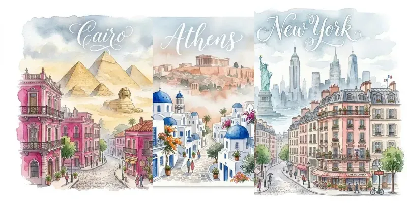 Whimsical Watercolor City Mashup Posters generated by undefined