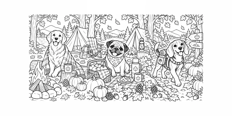 Cozy Fall Camping Dogs Coloring Pages