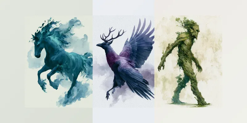 Flat 2D Watercolor Mythical Creatures generated by undefined