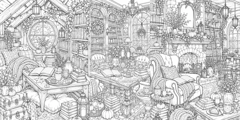 Cozy Autumn Book Cafe Adult Line Art generated by undefined