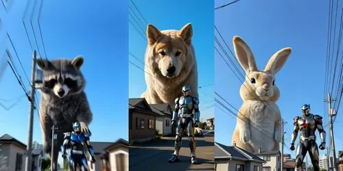 Giant Cat Vs Armored Hero City Scenes generated by grok-video