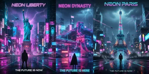 Cyber Neon World Wonders Poster Makers generated by gemini-image