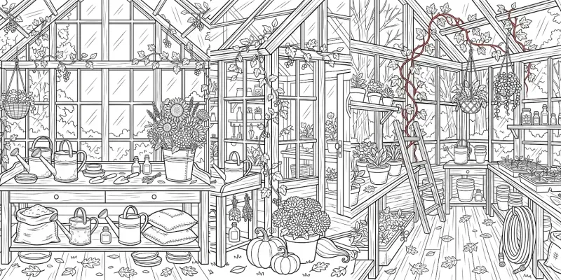 Cozy Autumn Greenhouse Coloring Pages generated by undefined