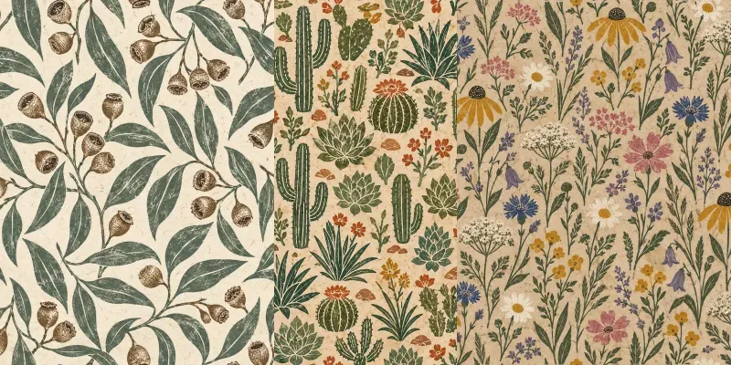 Linocut Botanical Craft Pattern Tiles