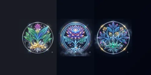 Neon Crystal Asian Herb Emblems generated by gemini-image