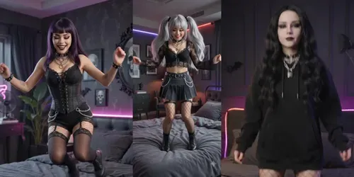 Playful Goth Girls Bouncing On Beds generated by veo