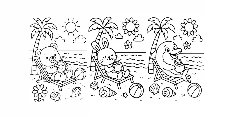 Summer Beach Animal Coloring Pages generated by undefined