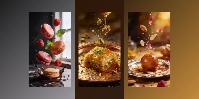 Cinematic Floating Exotic Desserts