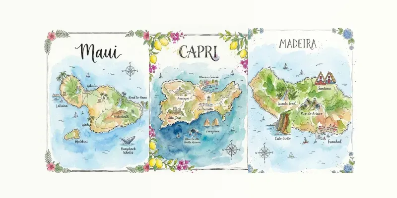 Watercolor Ink Island Travel Maps
