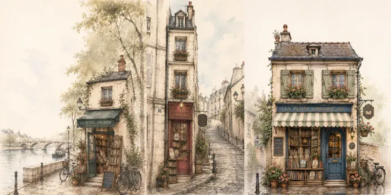 Tiny Paris Bookstores Ink Wash Art generated by undefined