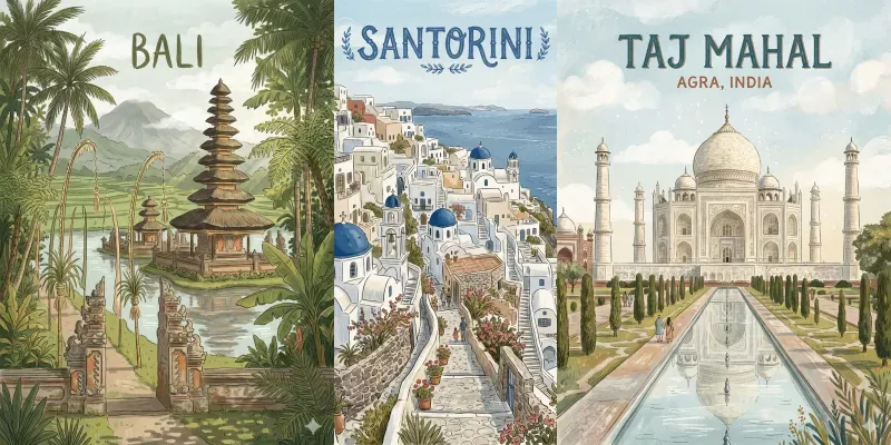 Handdrawn Painterly Travel Posters generated by undefined