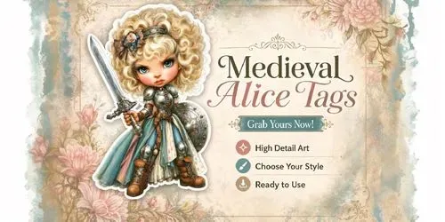 Alice In Medieval World Product Tags generated by midjourney
