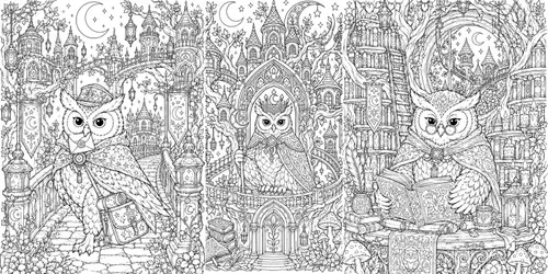 Magical Owl Kingdom Coloring Line Art generated by chatgpt-image