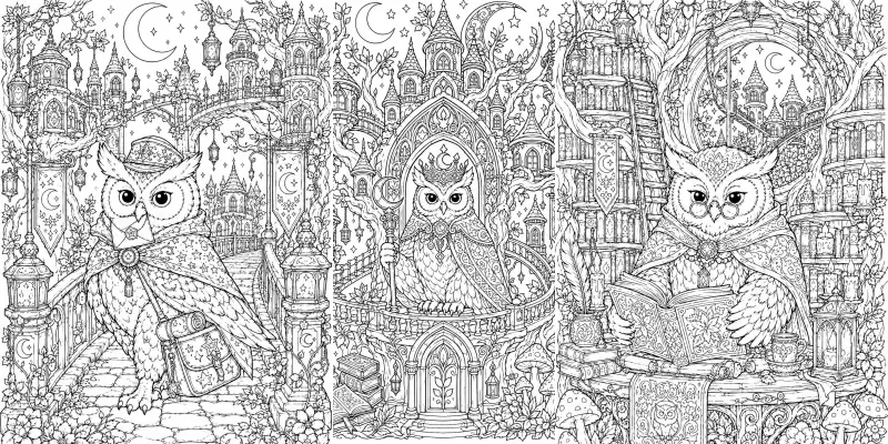 Magical Owl Kingdom Coloring Line Art generated by undefined