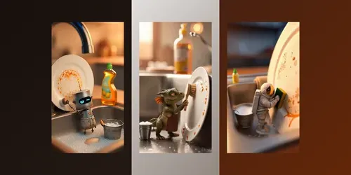 Tiny Characters Cleaning Dirty Plates generated by sora