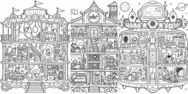 Animal Dollhouse Cutaway Coloring Books