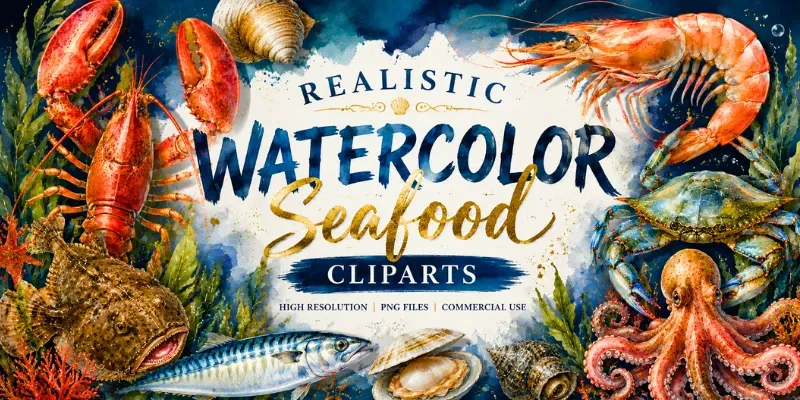 Realistic Watercolor Seafood Cliparts generated by undefined