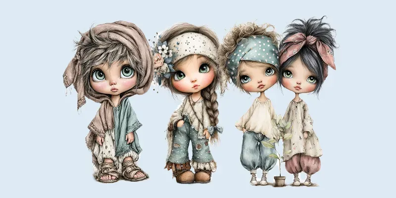 Whimsical Boho Girls And Boys Clipart generated by undefined