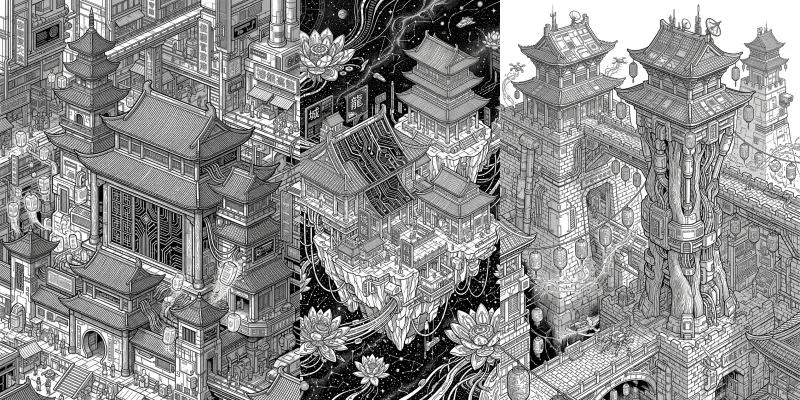 Cyberpunk Chinese Pagoda Coloring Pages generated by undefined